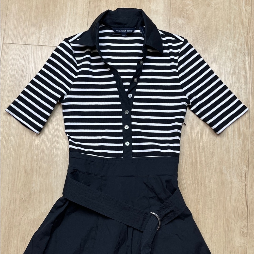 Veronica Beard Black & White Striped Polo Midi with Black Skirt - Picture 6 of 8